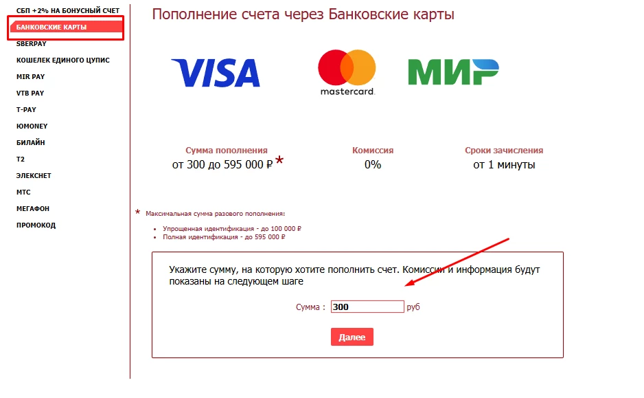Ввод суммы пополнения в БК Тенниси через банковскую карту