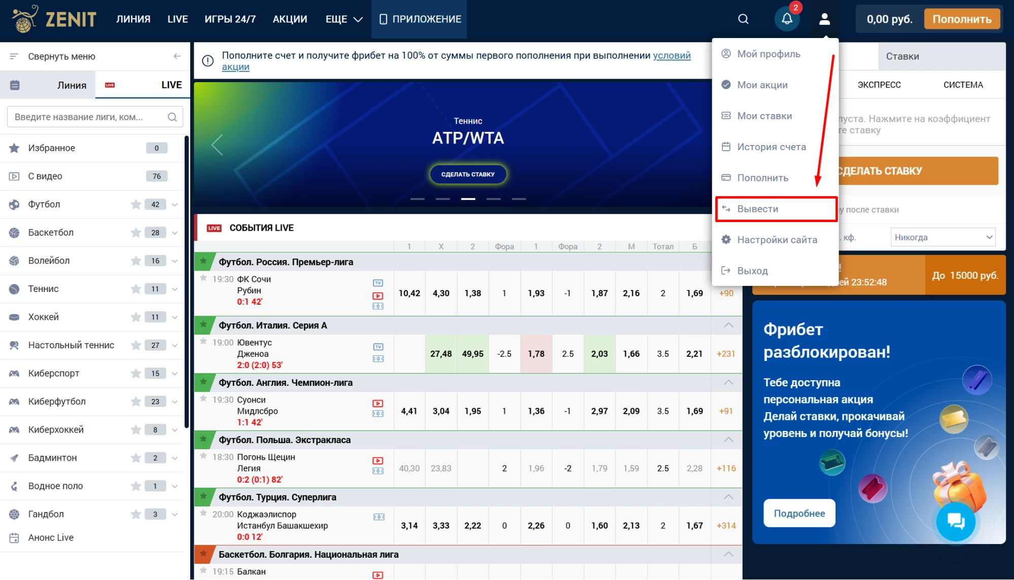 Раздел Вывести в БК Зенит