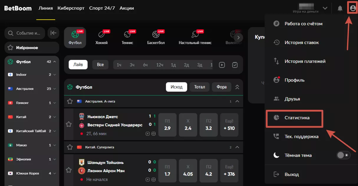 Раздел Статистика на сайте БК Бетбум