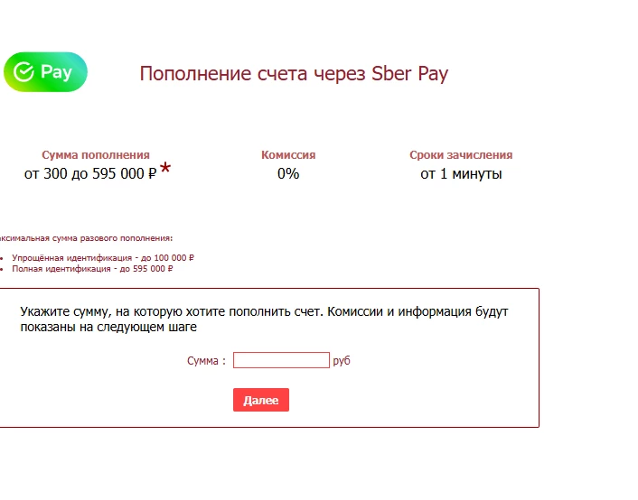 Пополнение счета БК Тенниси через Sber Pay