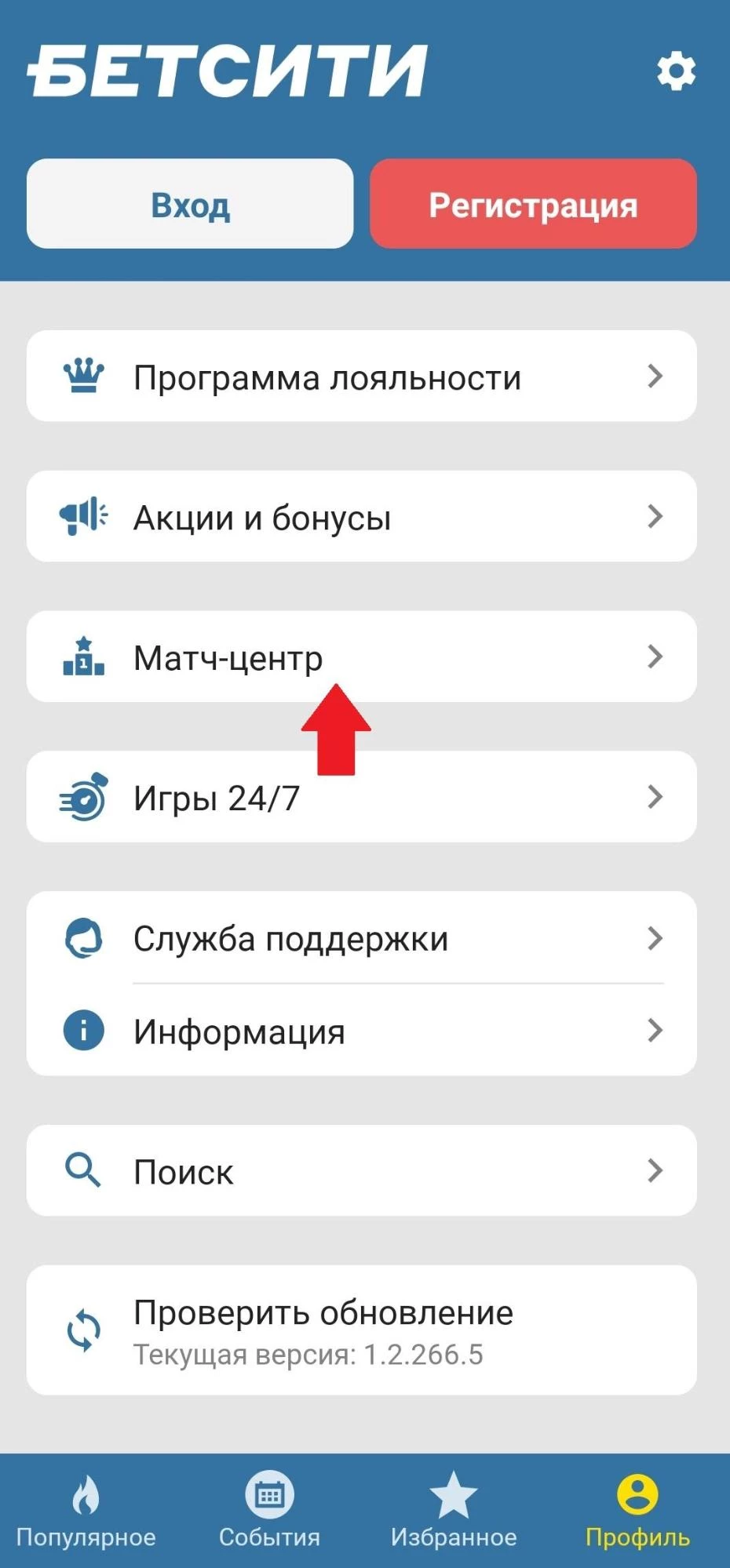 Меню в приложении БК Бетсити