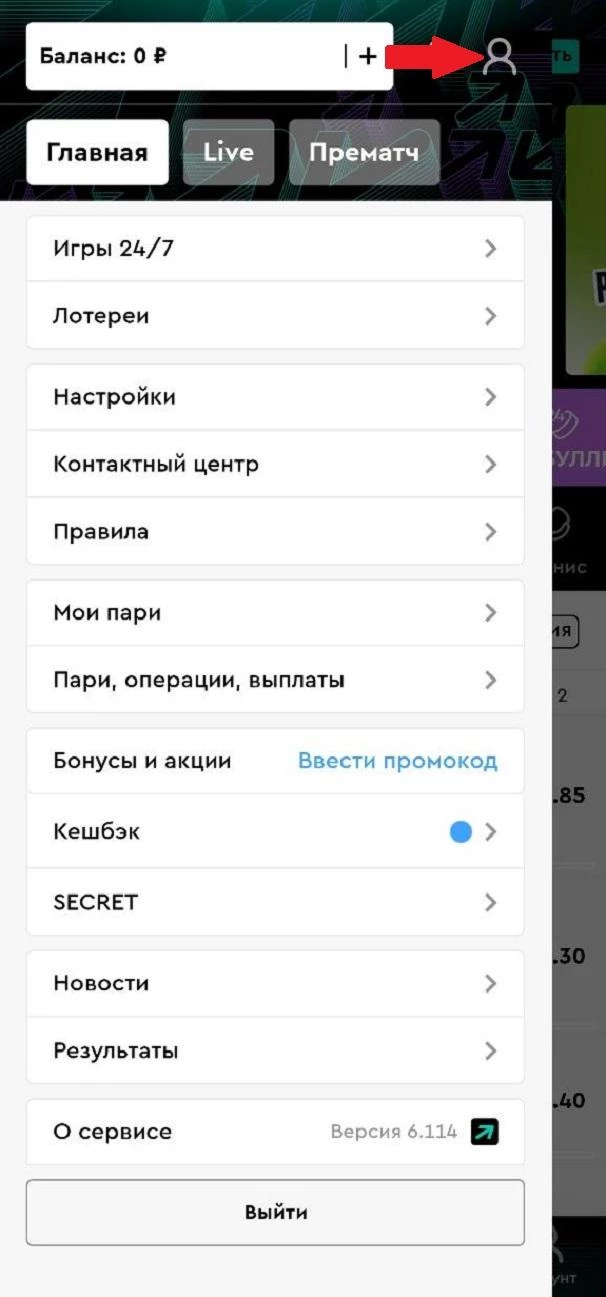Иконка профиля в приложении БК Пари