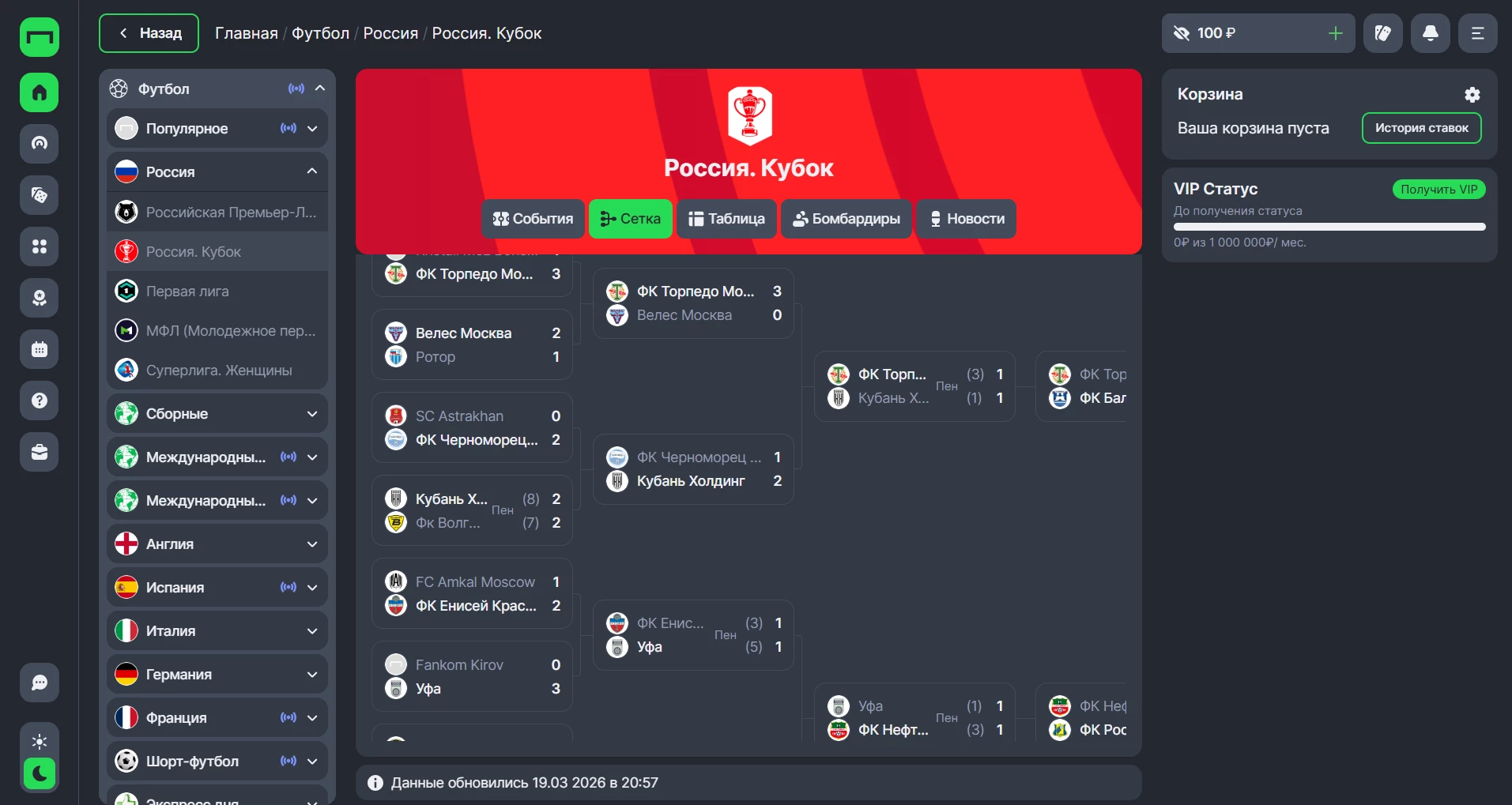 Турнирная таблица в матч-центре БК Пари