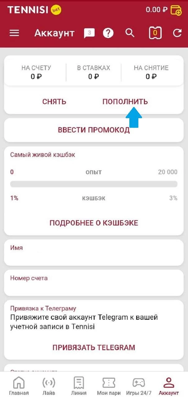 Кнопка Пополнить в БК Тенниси