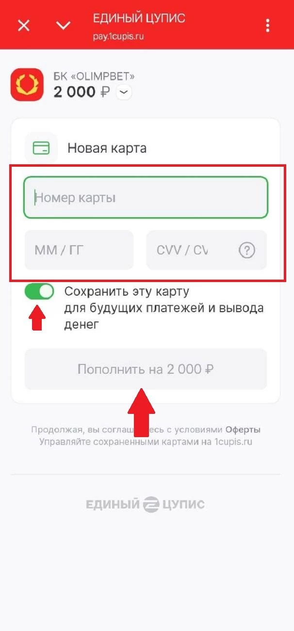 Форма для ввода реквизитов в БК Олимпбет