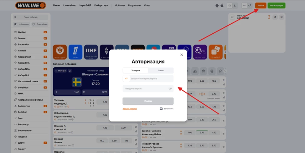 Авторизация в БК Винлайн