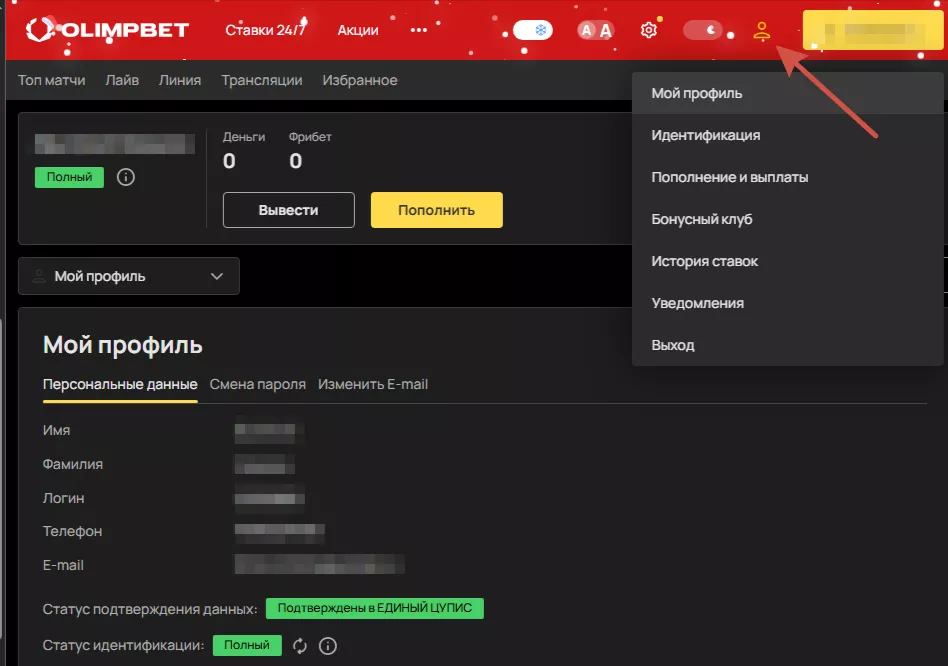 Личный кабинет Олимпбет