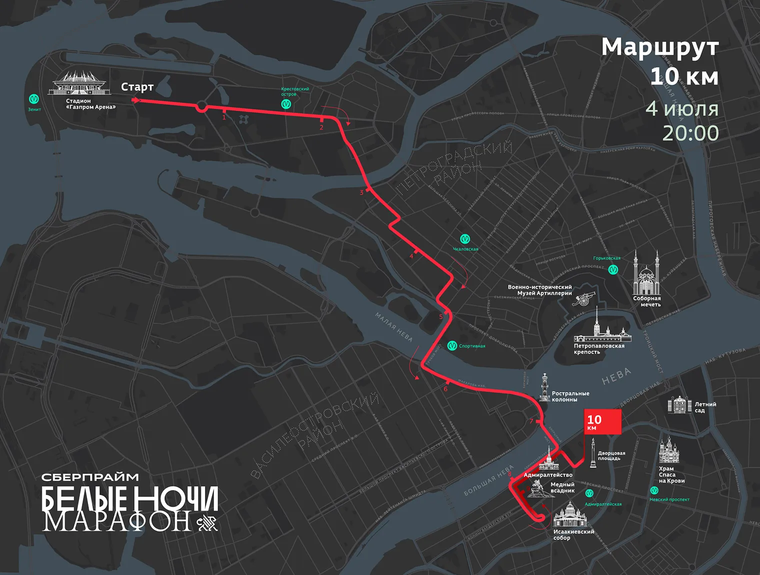 Маршрут забега на 10 км Белые ночи 2026