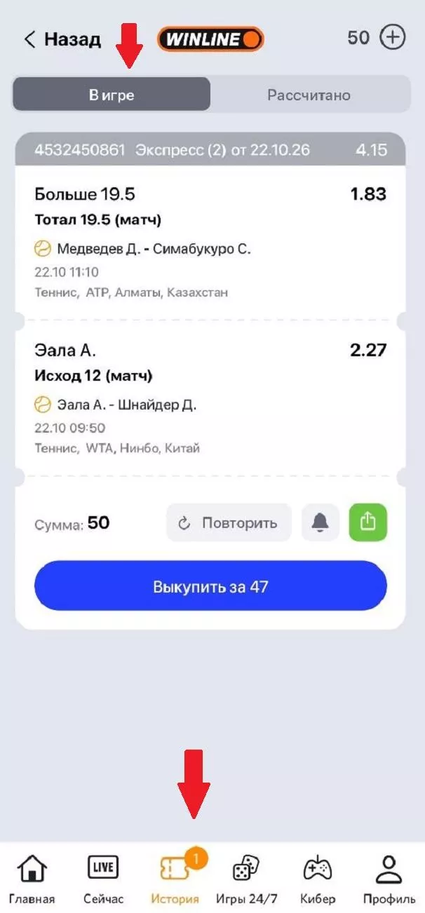 Раздел История в БК Винлайн