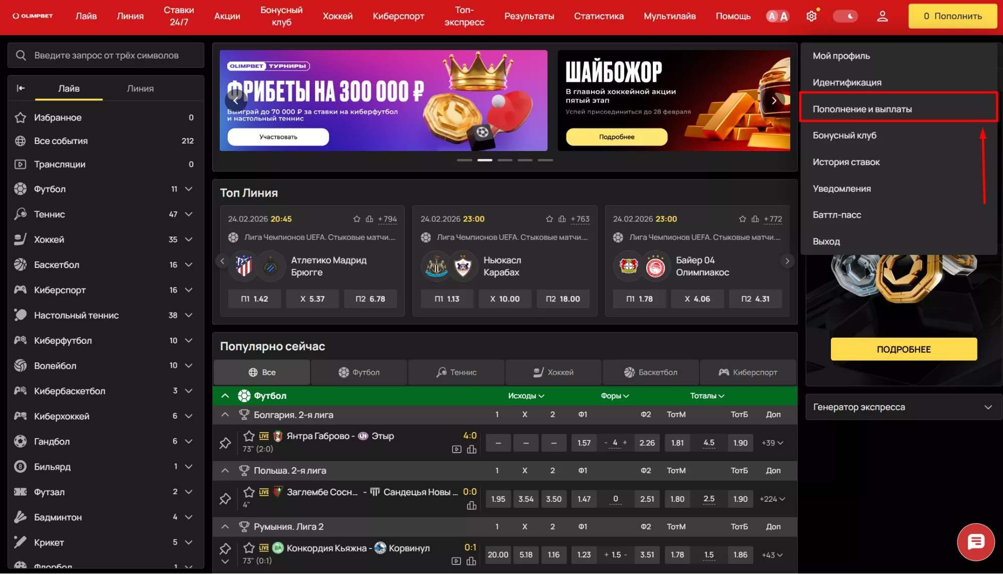 Раздел Пополнение и выплаты в БК Олимпбет