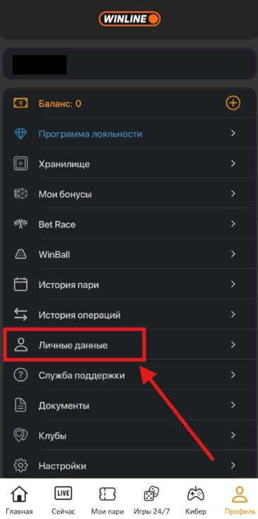 Раздел Личные данные в БК Винлайн