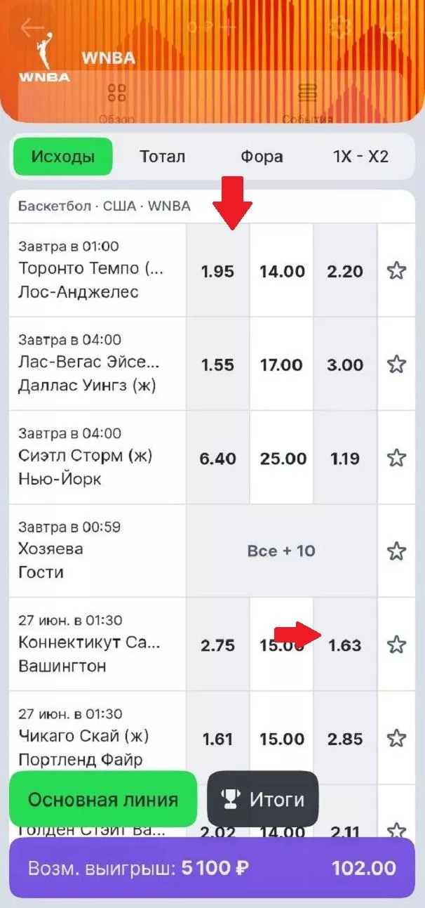 Выбор исхода в БК Лига Ставок