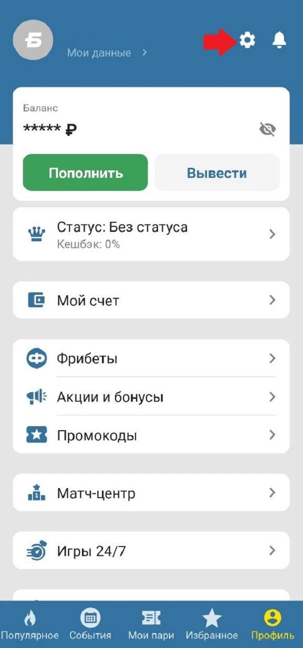 Кнопка для входа в настройки БК Бетсити