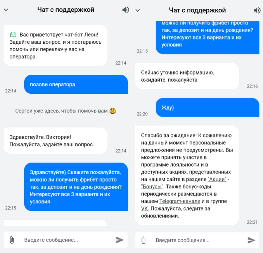 Чат с поддержкой БК Леон