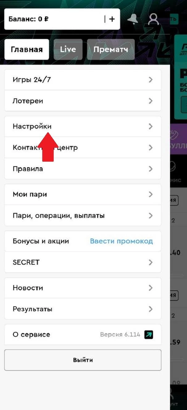 Раздел Настройки в приложении БК Пари