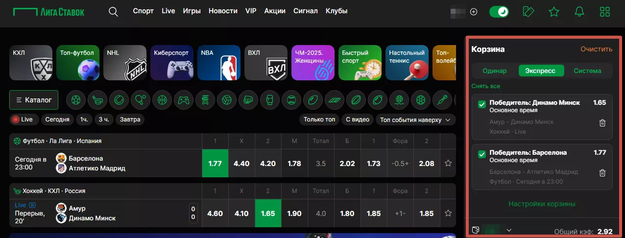 Купон экспресса в БК Лига Ставок