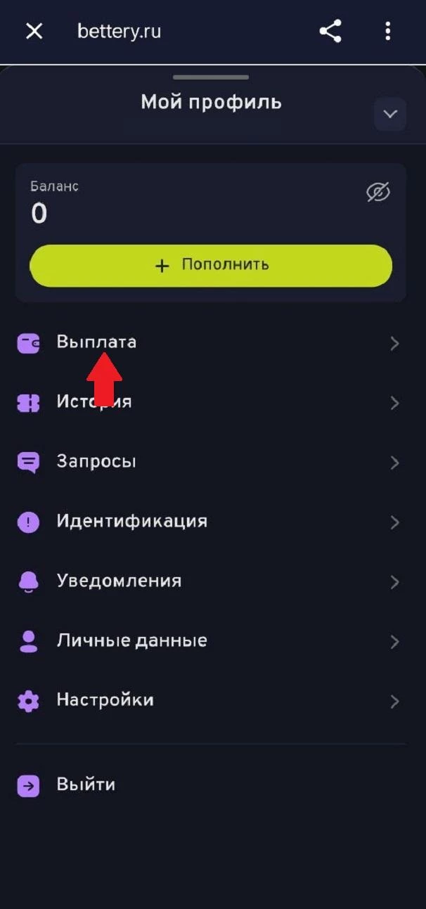 Раздел Выплата в БК Беттери