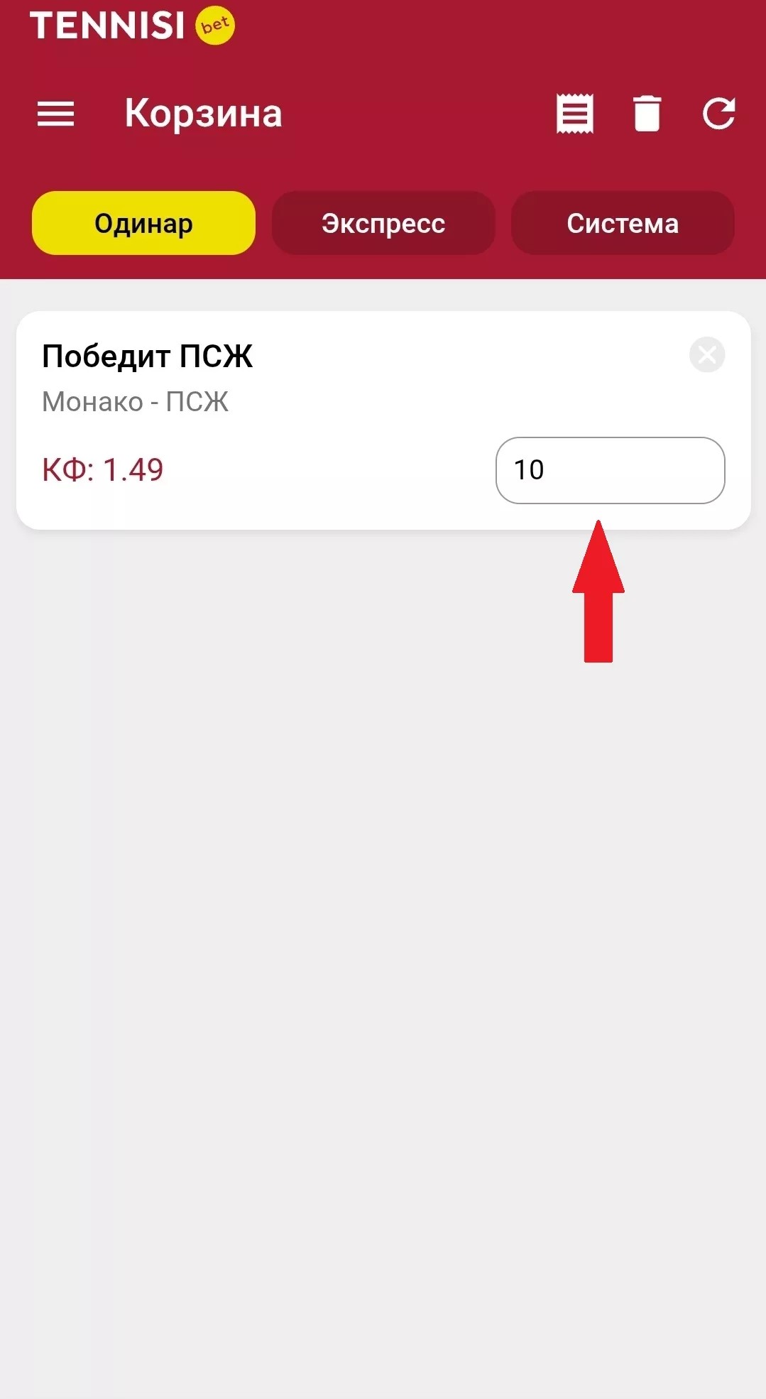 Минимальная ставка в мобильном приложении БК Тенниси