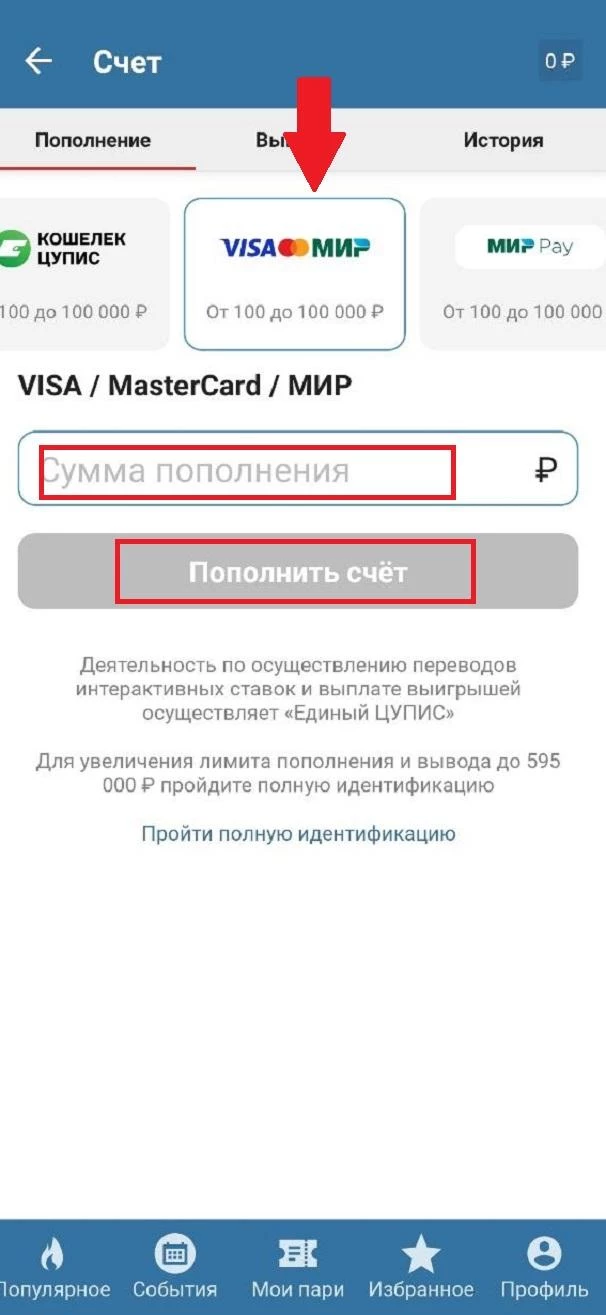 Выбор банковской карты для пополнения счета в БК Бетсити