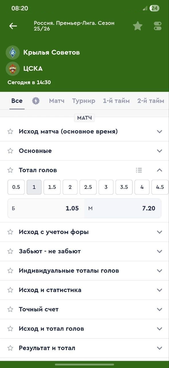 Тотал больше (1) в футболе