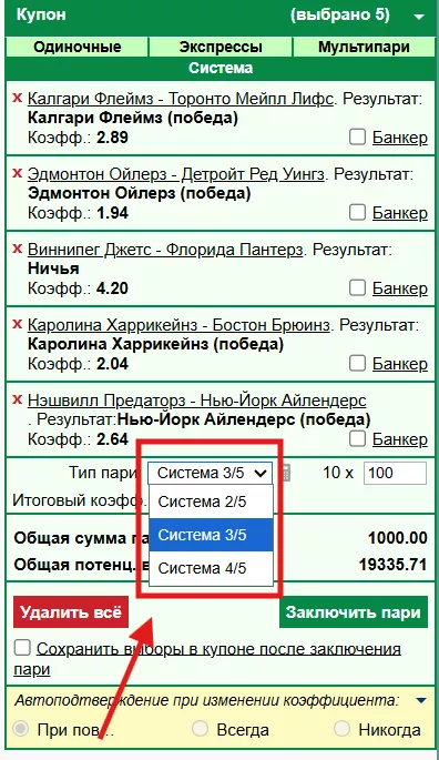 Выбор размерности системы в БК Марафон