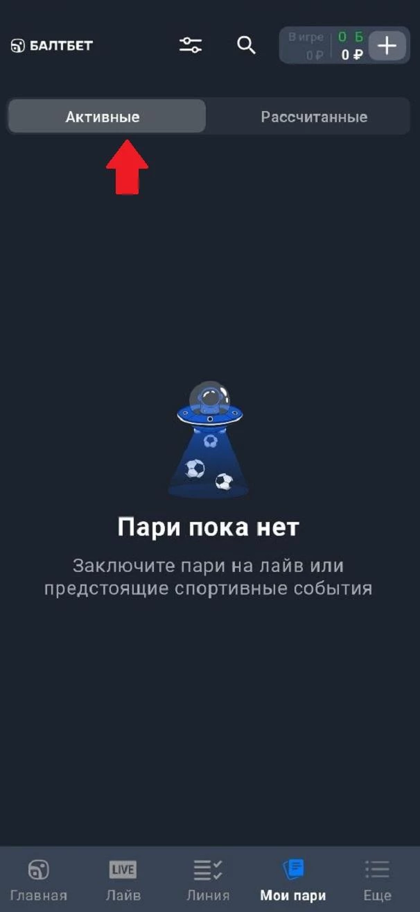 Вкладка Активные в приложении БК Балтбет