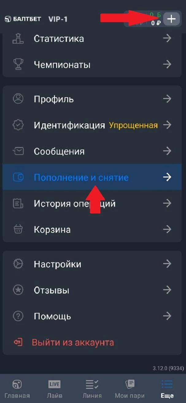 Раздел Пополнение и снятие в БК Балтбет