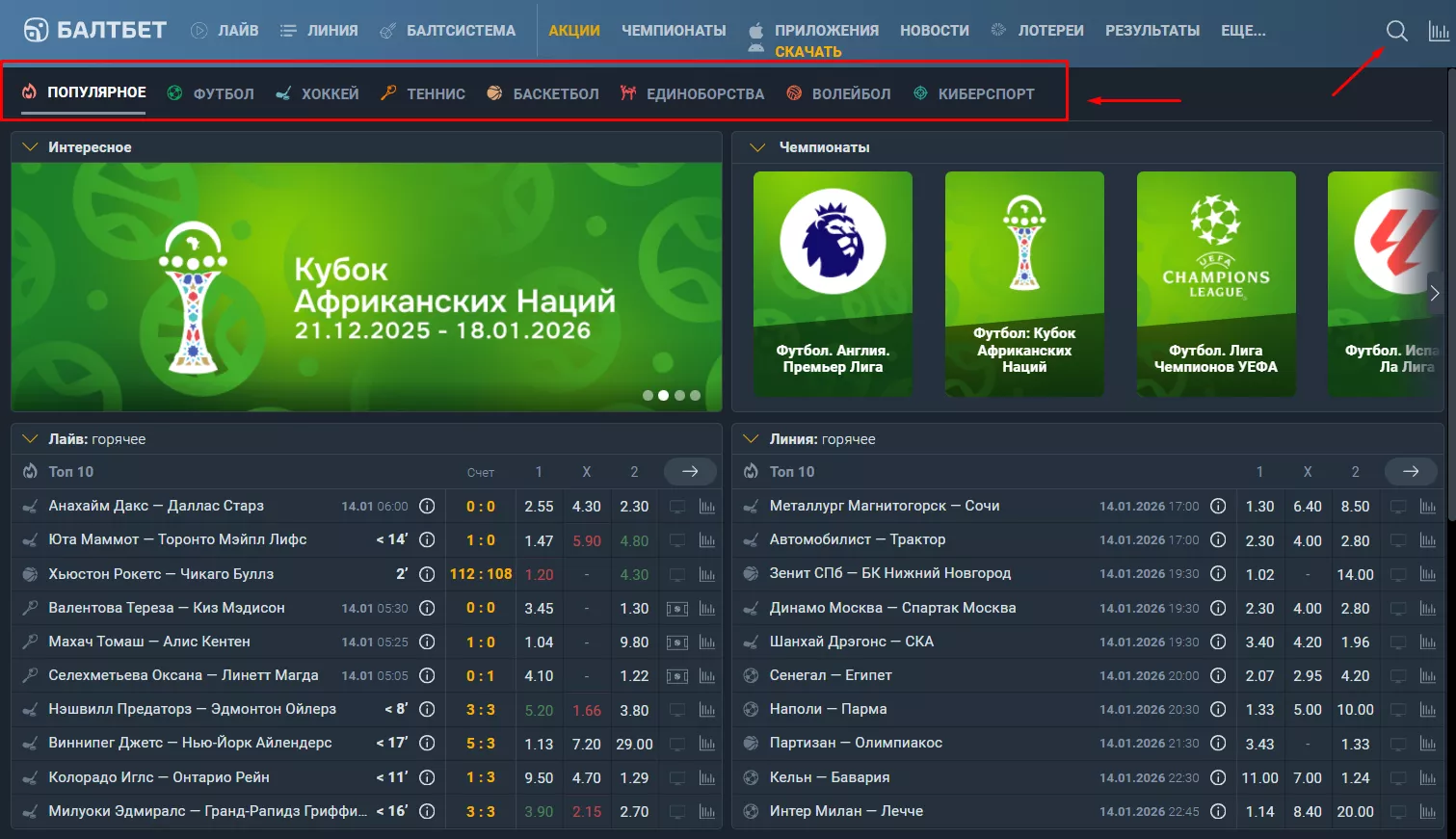 Меню видов спорта на сайте БК Балтбет