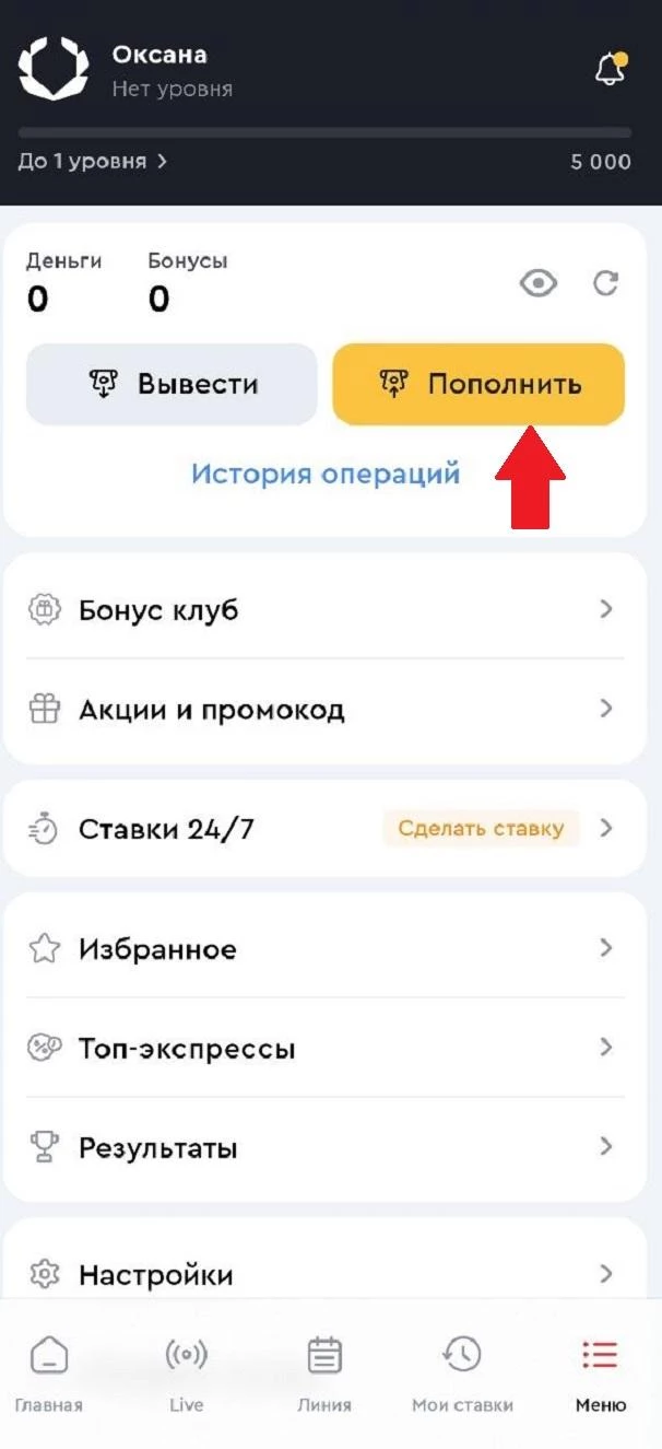 Кнопка Пополнить в приложении БК Олимпбет