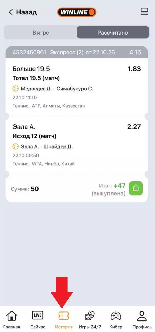 Раздел История в приложении БК Винлайн