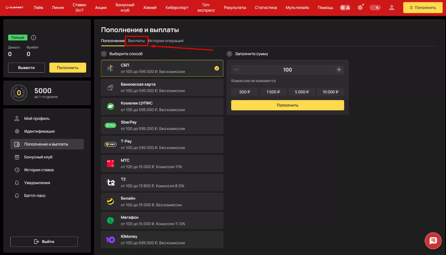Вывод средств на сайте БК Олимпбет