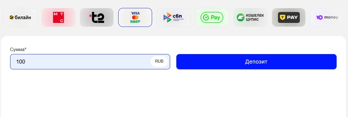 Форма для ввода суммы пополнения в БК Бет-М