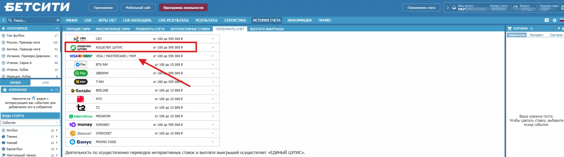 Способы пополнения баланса в БК Бетсити